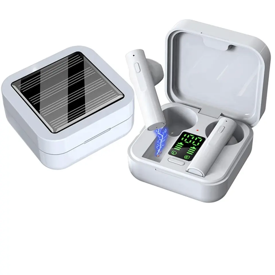 Solar Rechargeable Earbuds Headphones with Charging LED Case