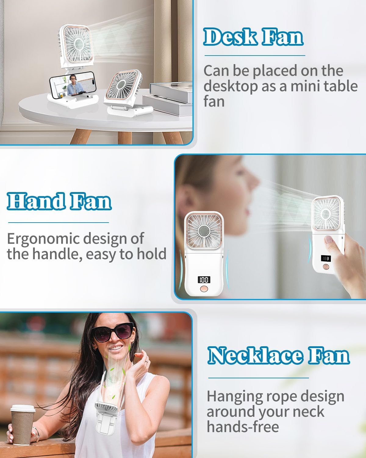 Portable Mini Handheld Fan Necklace Fan 3 Speeds Hanging Neck Cooling Fan