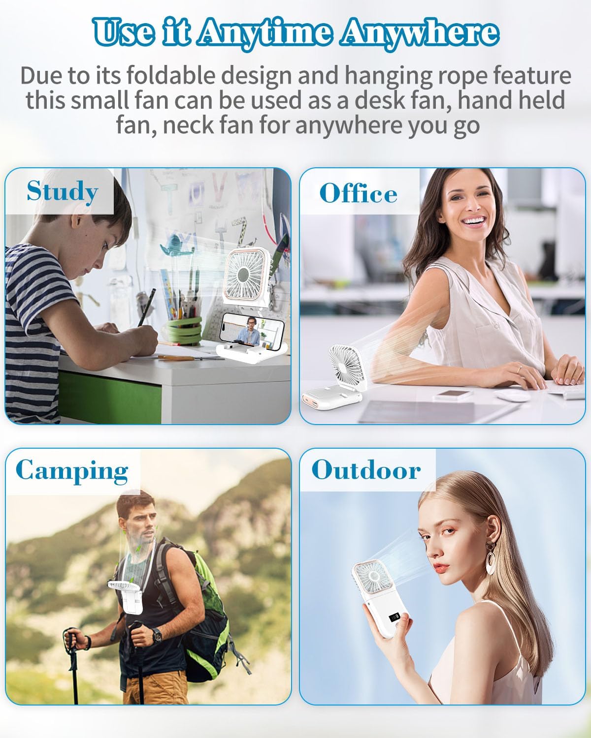 Portable Mini Handheld Fan Necklace Fan 3 Speeds Hanging Neck Cooling Fan