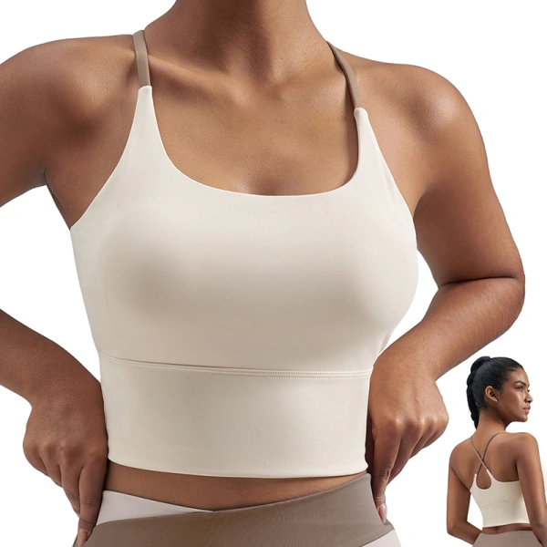 Women's Sports Bras, Sports Tops, Sports Bras with Crisscross Straps, Cropped Strap Round Neck Tank Tops for Yoga, Fitness Beige