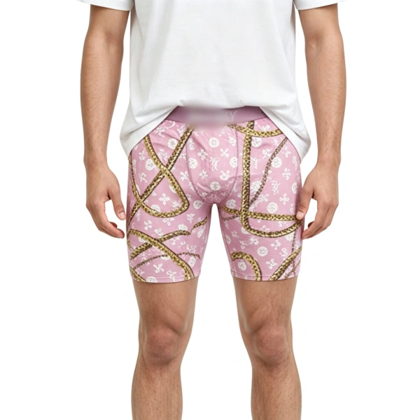 TTgarment  Pink floral chain men's boxer briefs, unique and breathable sports swim trunks  TF087