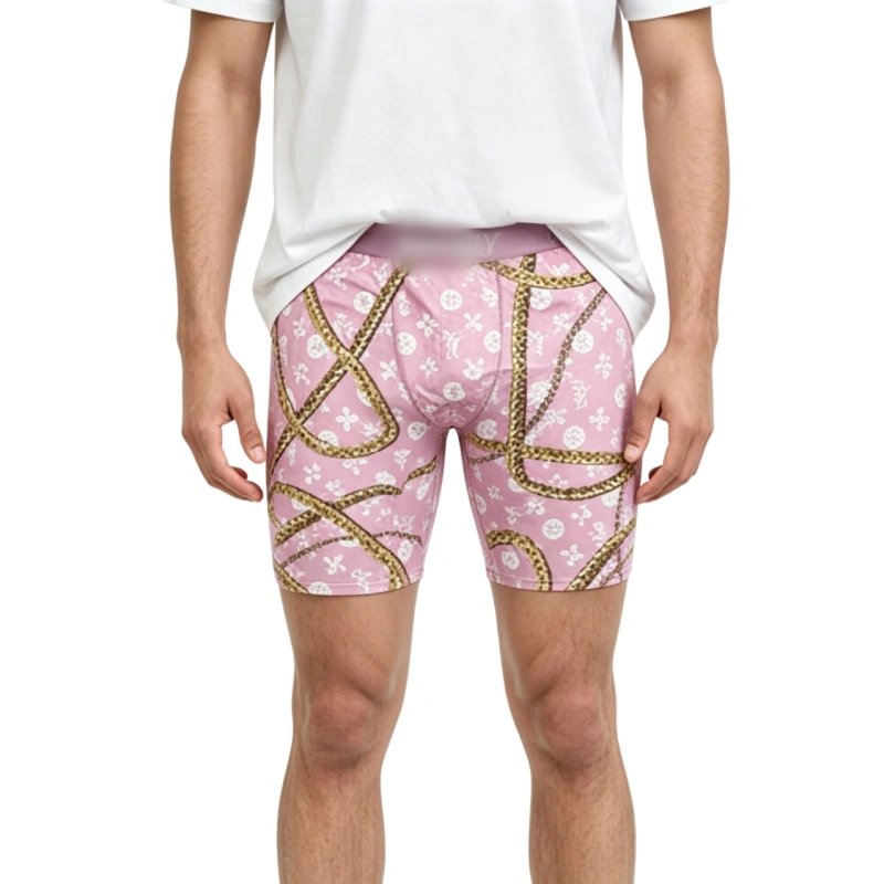TTgarment  Pink floral chain men's boxer briefs, unique and breathable sports swim trunks  TF087