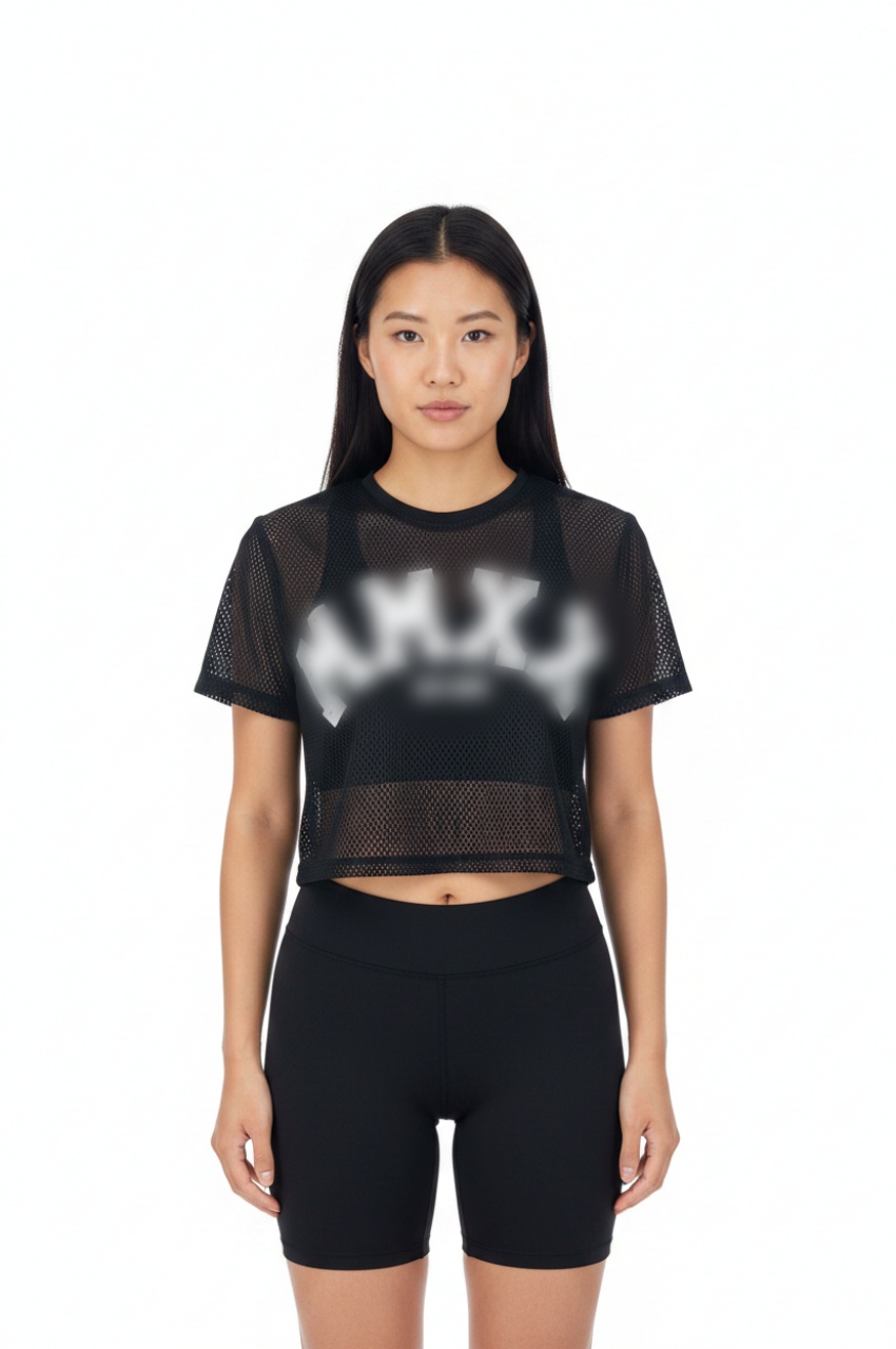TTgarment   Black openwork mesh V-neck cropped T-shirt, American retro print sports cover-up  T1210
