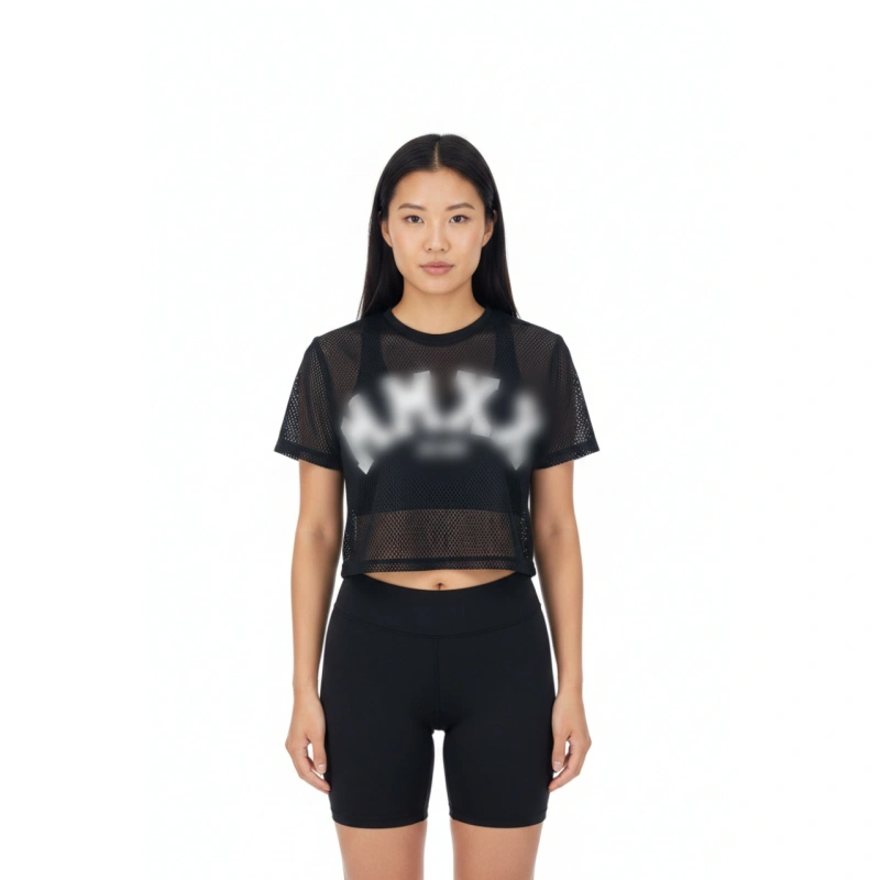 TTgarment   Black openwork mesh V-neck cropped T-shirt, American retro print sports cover-up  T1210