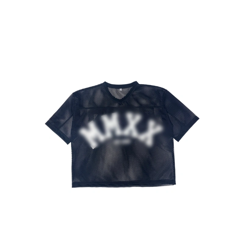 TTgarment   Black openwork mesh V-neck cropped T-shirt, American retro print sports cover-up  T1210