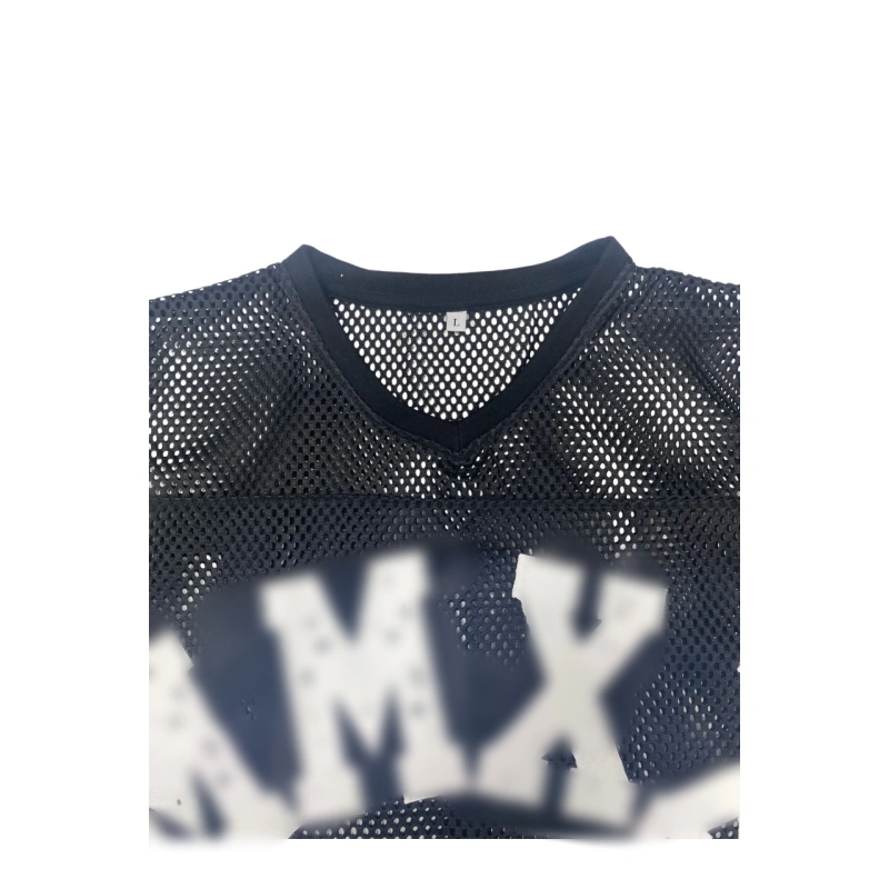 TTgarment   Black openwork mesh V-neck cropped T-shirt, American retro print sports cover-up  T1210