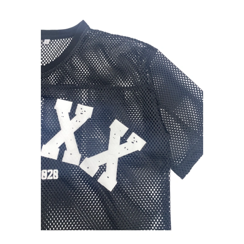 TTgarment   Black openwork mesh V-neck cropped T-shirt, American retro print sports cover-up  T1210