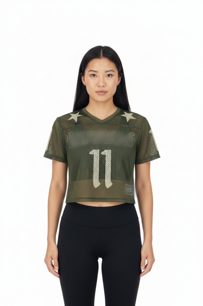 TTgarment  Green summer American style mesh V-neck cropped T-shirt, street style printed hot girl top  T1211