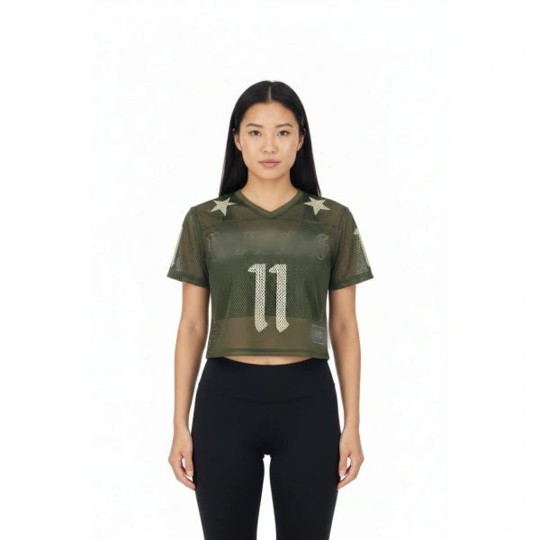 TTgarment  Green summer American style mesh V-neck cropped T-shirt, street style printed hot girl top  T1211
