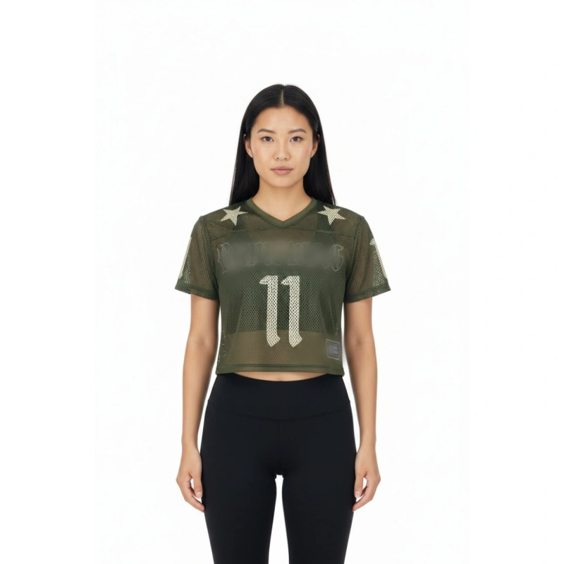 TTgarment  Green summer American style mesh V-neck cropped T-shirt, street style printed hot girl top  T1211
