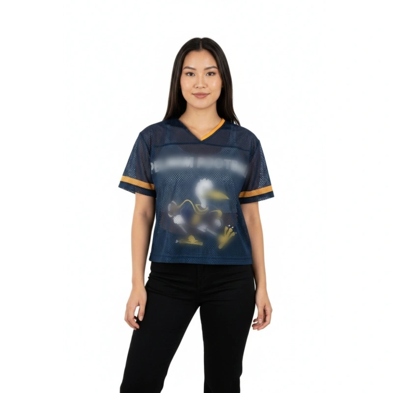 TTgarment  Summer Blue Mesh V-Neck Short-Sleeve T-Shirt with Cartoon Print  T1212