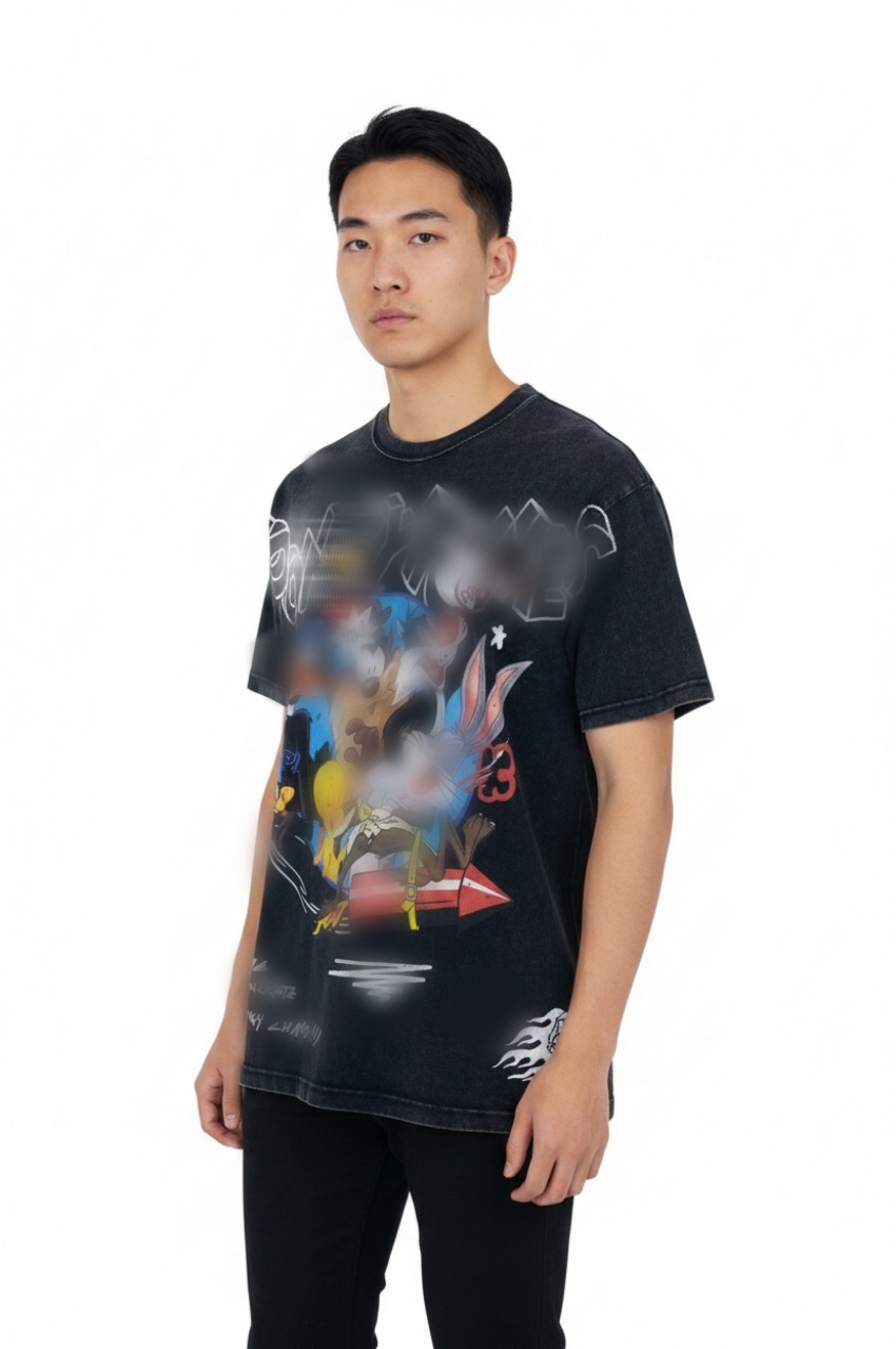 TTgarment  Washed black graffiti print T-shirt, retro loose top  T1213