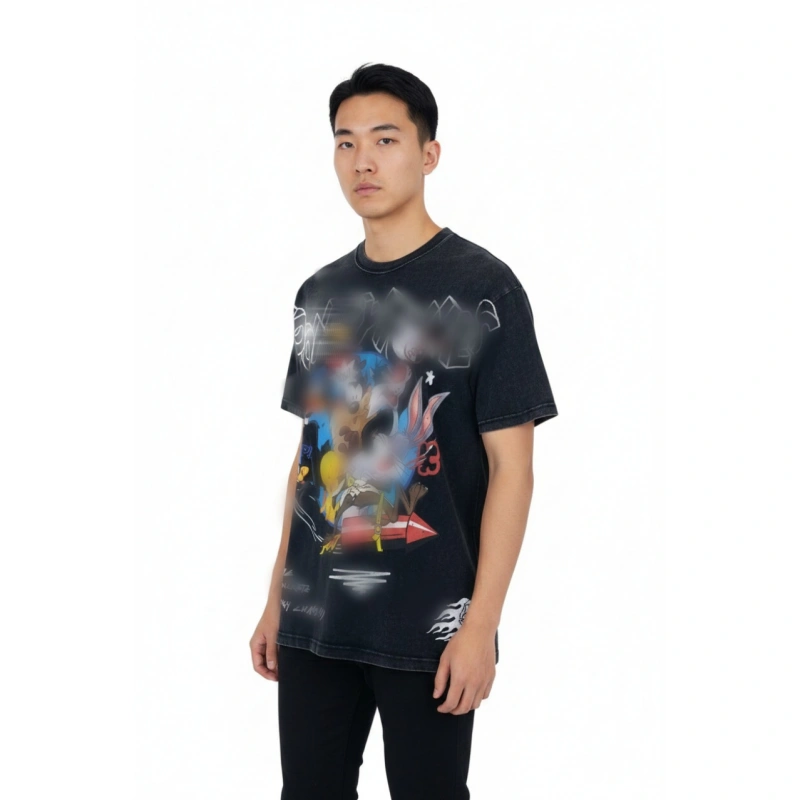 TTgarment  Washed black graffiti print T-shirt, retro loose top  T1213