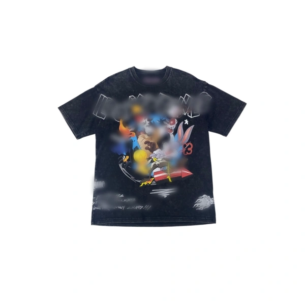 TTgarment  Washed black graffiti print T-shirt, retro loose top  T1213