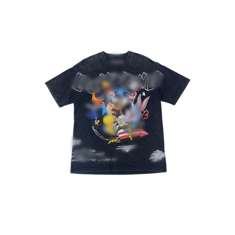 TTgarment  Washed black graffiti print T-shirt, retro loose top  T1213