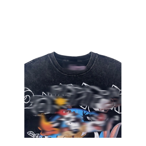 TTgarment  Washed black graffiti print T-shirt, retro loose top  T1213