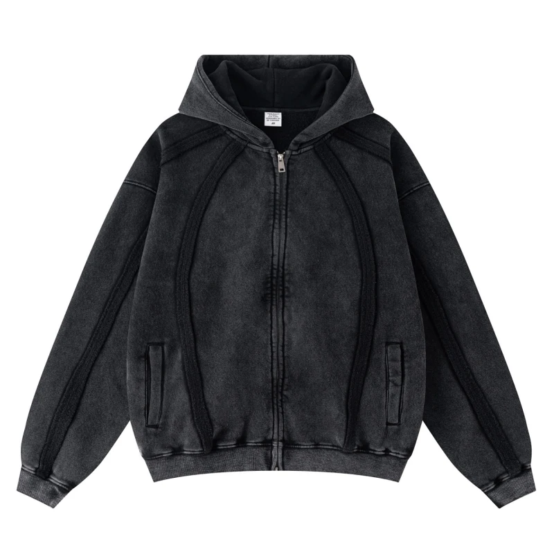 TTgarment Custom Made Black Baggy Double-Zipper Hooded Sweatshirt for Men BGS004-1