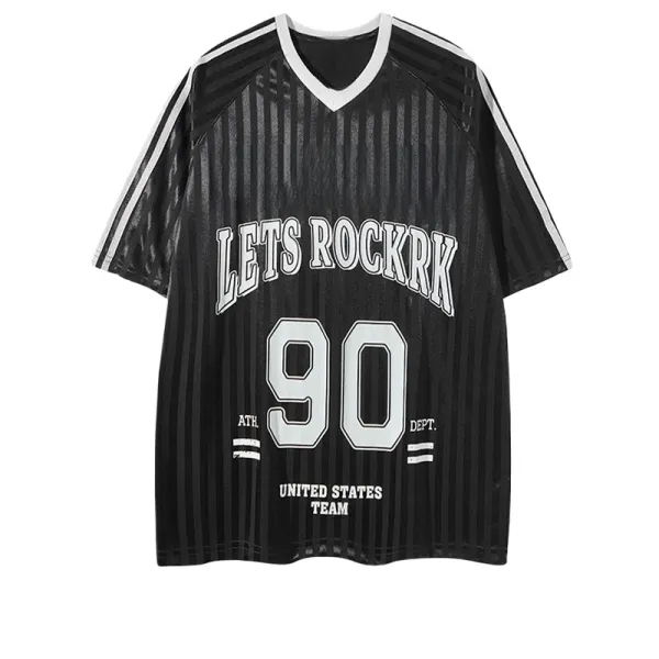 TTgarment Trendy Versatile Satin Jersey Striped V-neck Short Sleeve Retro Loose Fit Sports T-shirt For Men Breathable SJT008 