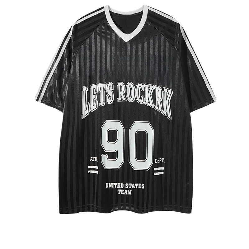 TTgarment Trendy Versatile Satin Jersey Striped V-neck Short Sleeve Retro Loose Fit Sports T-shirt For Men Breathable SJT008 