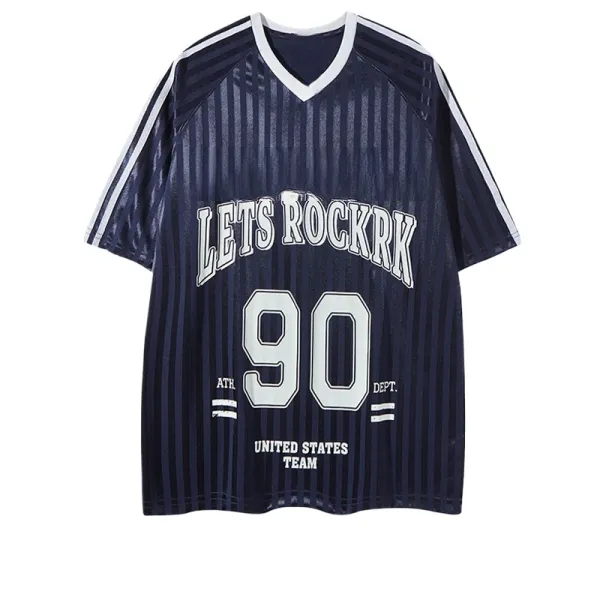 TTgarment Trendy Versatile Satin Jersey Striped V-neck Short Sleeve Retro Loose Fit Sports T-shirt For Men Breathable SJT008 