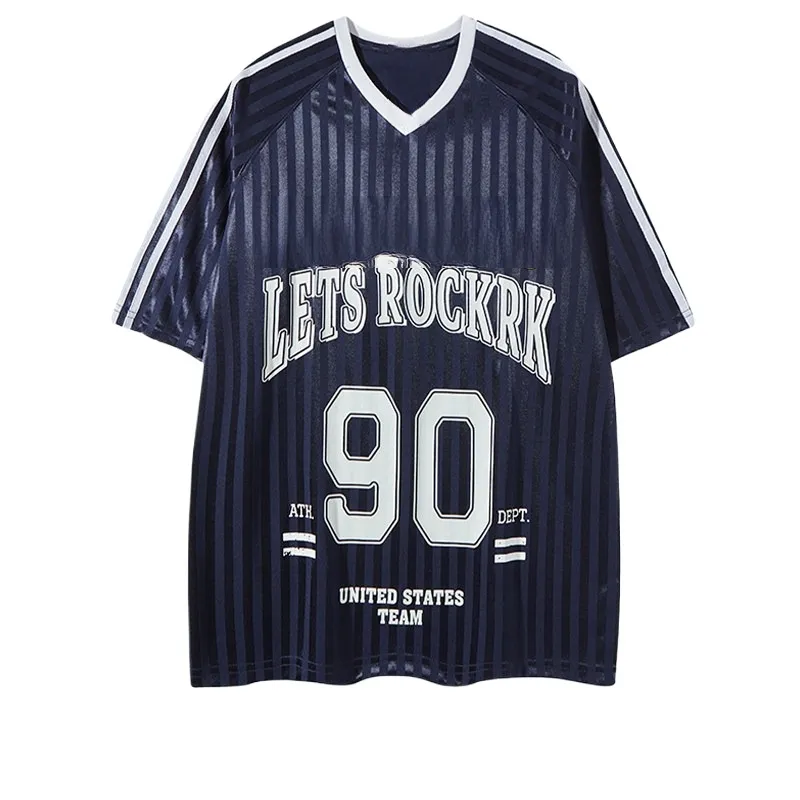 TTgarment Trendy Versatile Satin Jersey Striped V-neck Short Sleeve Retro Loose Fit Sports T-shirt For Men Breathable SJT008 