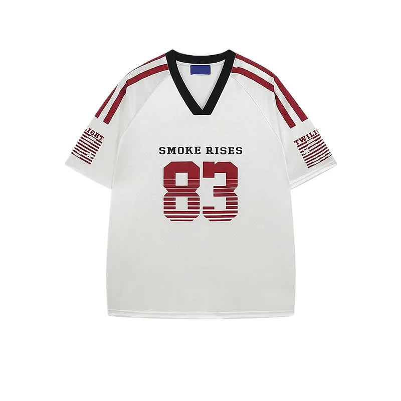 TTgarment Striped Printed Jersey T-shirt For Men Vintage Loose-fitting Couple's Sports V-neck SJT004-1
