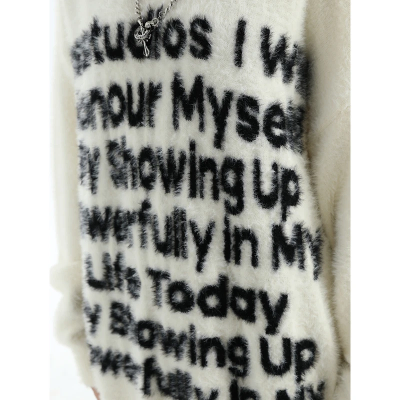 TTgarment Custom Made Faux mohair Fuzzy Knit Sweater Men Oversized Letter Print MA004