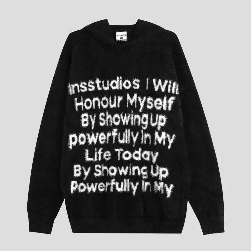TTgarment Custom Made Faux mohair Fuzzy Knit Sweater Men Oversized Letter Print MA004