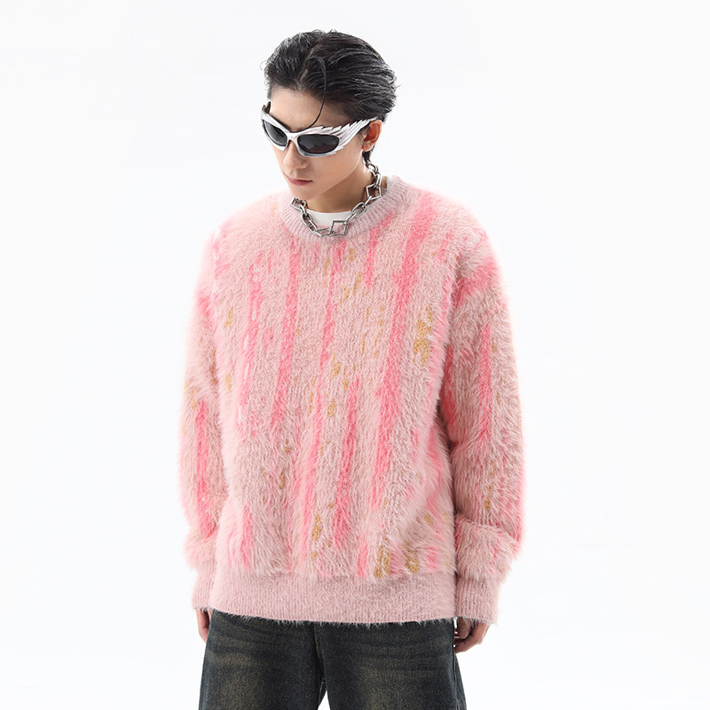 TTgarment Custom Made Vertical Stripe Faux Mohair Crew Neck Sweater Fuzzy Knitted MA008