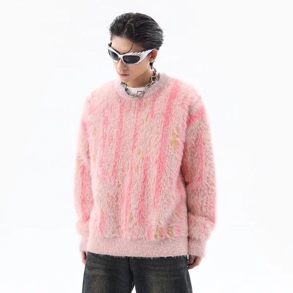 TTgarment Custom Made Vertical Stripe Faux Mohair Crew Neck Sweater Fuzzy Knitted MA008