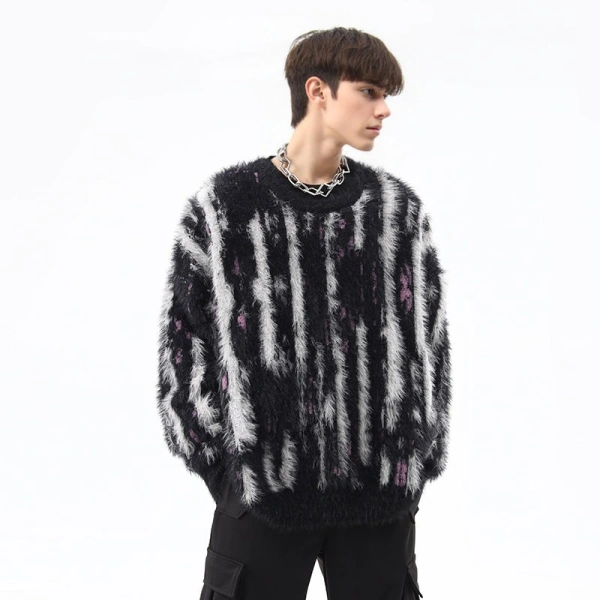 TTgarment Custom Made Vertical Stripe Faux Mohair Crew Neck Sweater Fuzzy Knitted MA008