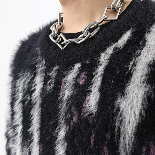 TTgarment Custom Made Vertical Stripe Faux Mohair Crew Neck Sweater Fuzzy Knitted MA008
