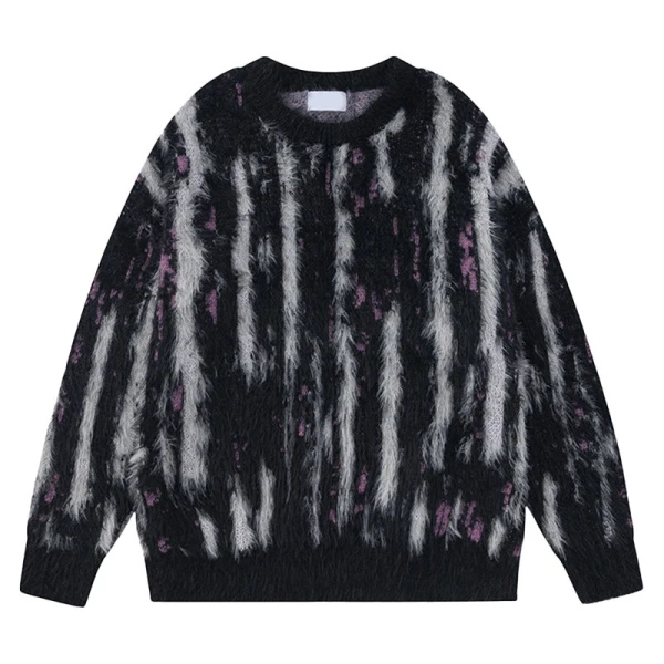 TTgarment Custom Made Vertical Stripe Faux Mohair Crew Neck Sweater Fuzzy Knitted MA008
