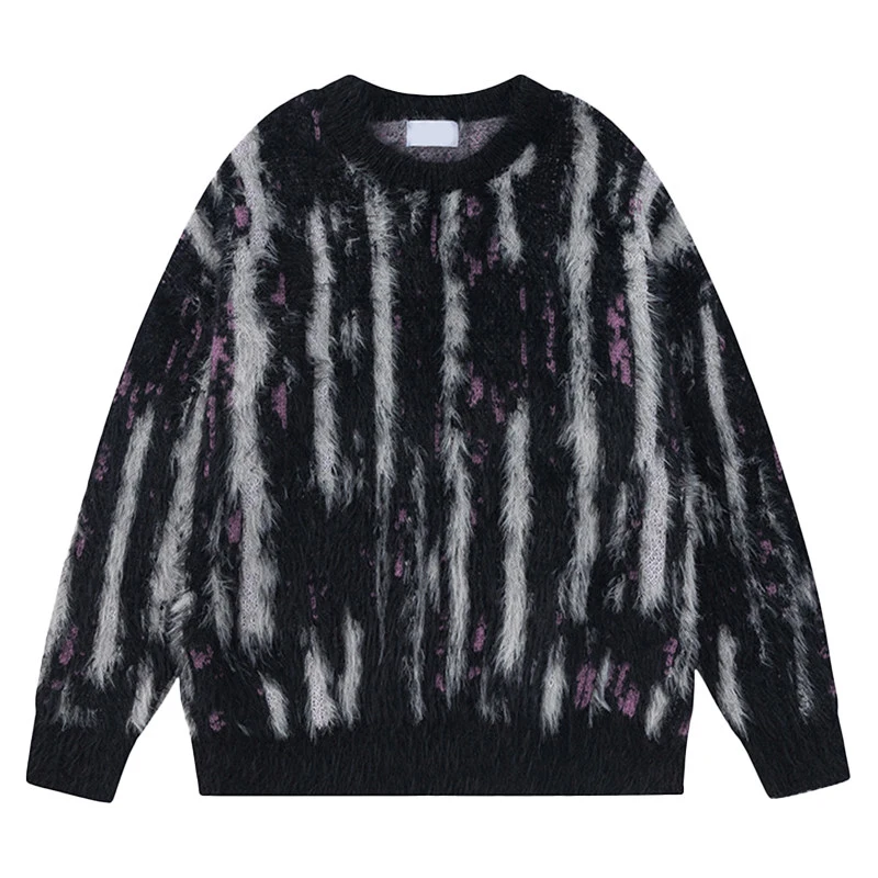 TTgarment Custom Made Vertical Stripe Faux Mohair Crew Neck Sweater Fuzzy Knitted MA008