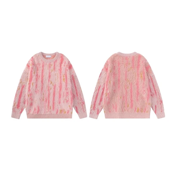 TTgarment Custom Made Vertical Stripe Faux Mohair Crew Neck Sweater Fuzzy Knitted MA008