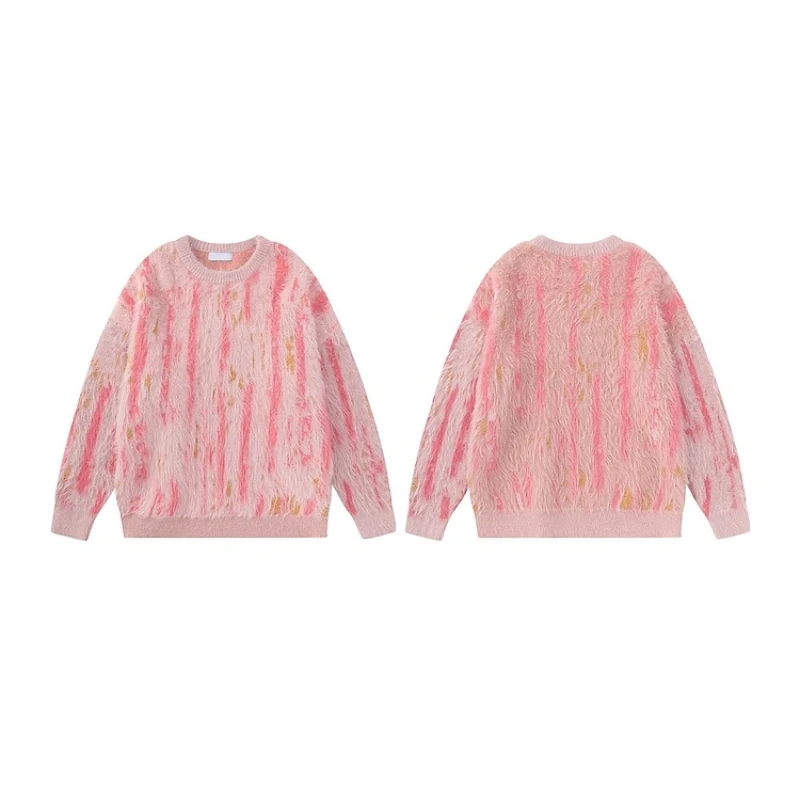 TTgarment Custom Made Vertical Stripe Faux Mohair Crew Neck Sweater Fuzzy Knitted MA008