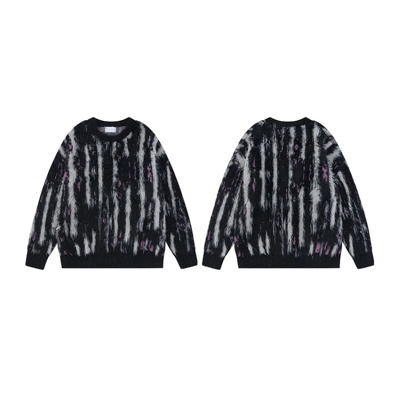 TTgarment Custom Made Vertical Stripe Faux Mohair Crew Neck Sweater Fuzzy Knitted MA008