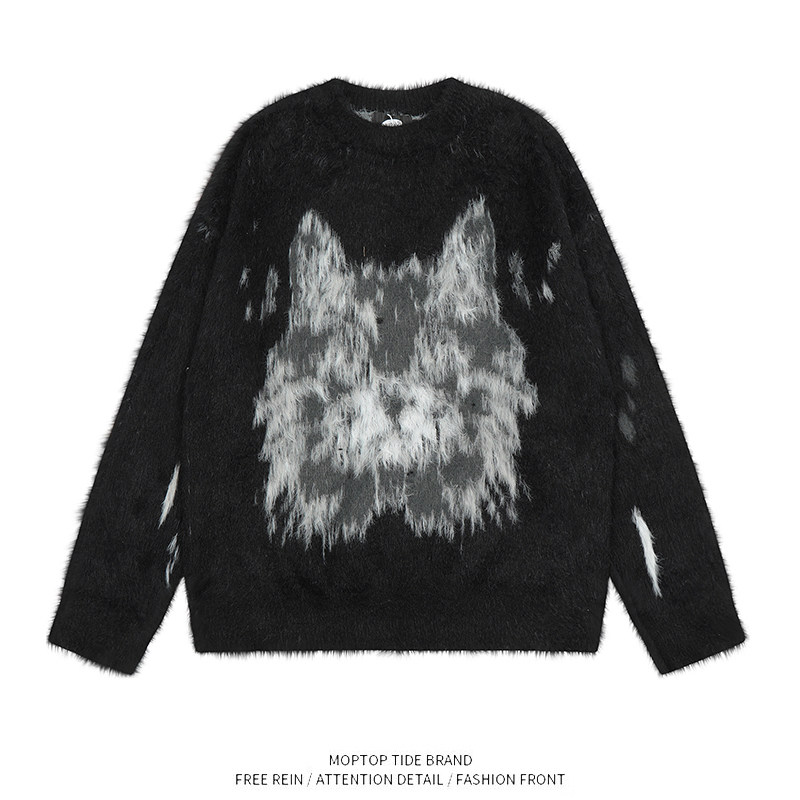 TTgarment Custom Made Animal Graphic Faux Mohair Crew Neck Sweater Streetwear MA010