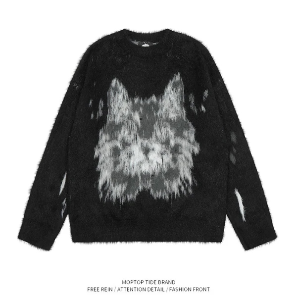 TTgarment Custom Made Animal Graphic Faux Mohair Crew Neck Sweater Streetwear MA010