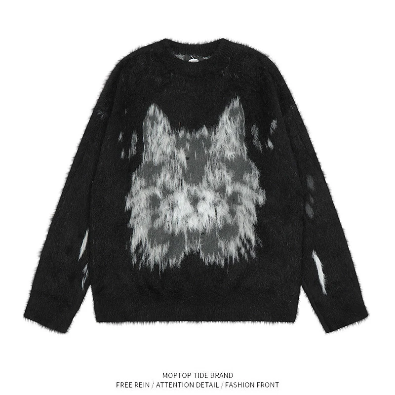 TTgarment Custom Made Animal Graphic Faux Mohair Crew Neck Sweater Streetwear MA010