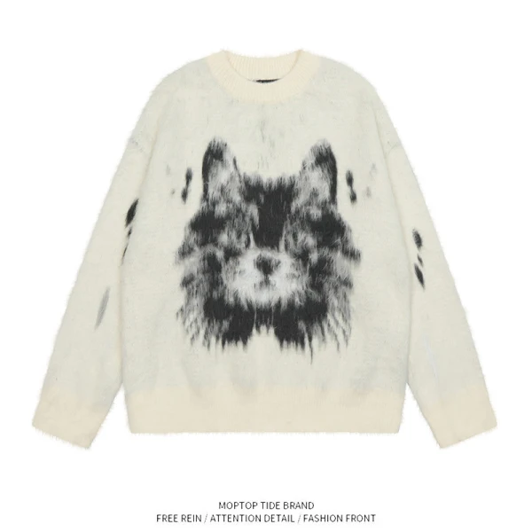 TTgarment Custom Made Animal Graphic Faux Mohair Crew Neck Sweater Streetwear MA010