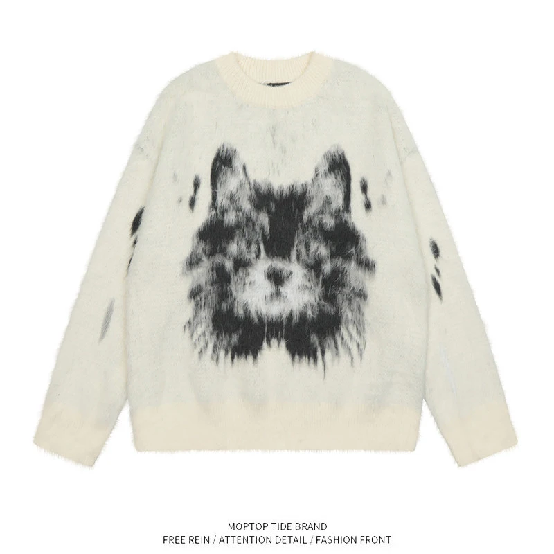 TTgarment Custom Made Animal Graphic Faux Mohair Crew Neck Sweater Streetwear MA010